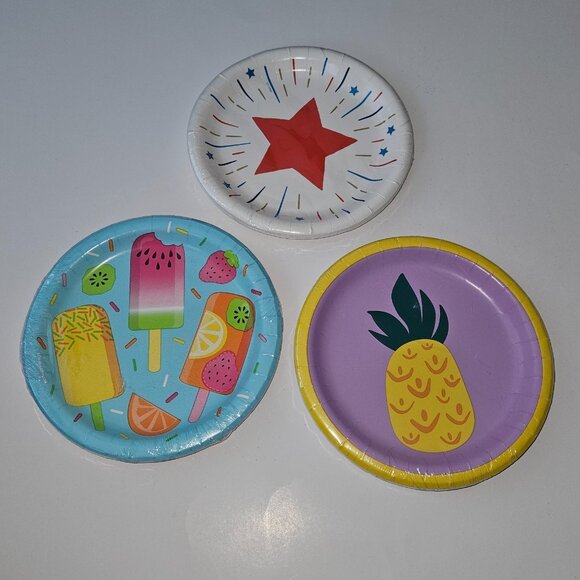 NEW 3 Pkgs Summer Paper Plates Lot Pineapple Popsicles Stars 4th July Picnic - Picture 1 of 11